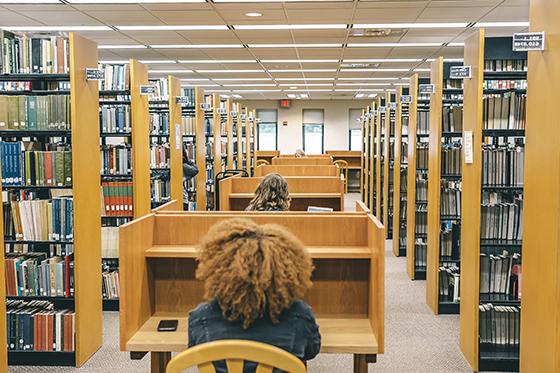 Photo of Chatham University students sitting in wooden cubicles, studying between stacks of books in Jennie Mellon King Library.
