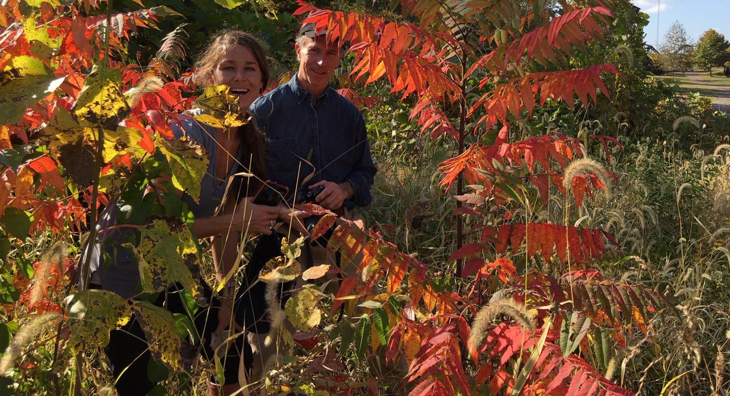 照片中，一男一女微笑着走过波胆网站的植物园，周围是五颜六色的树叶.